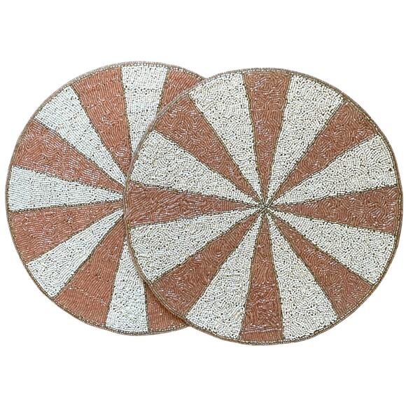 Max Studio Pink & White Candy Stripe Beaded Placemats 15in Set of 2 Holiday New - Picture 7 of 15